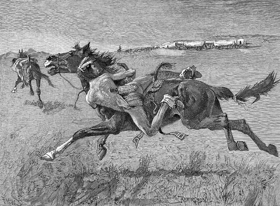 Horse Drawing -  A Native American Attacks  Settlers` by Mary Evans Picture Library