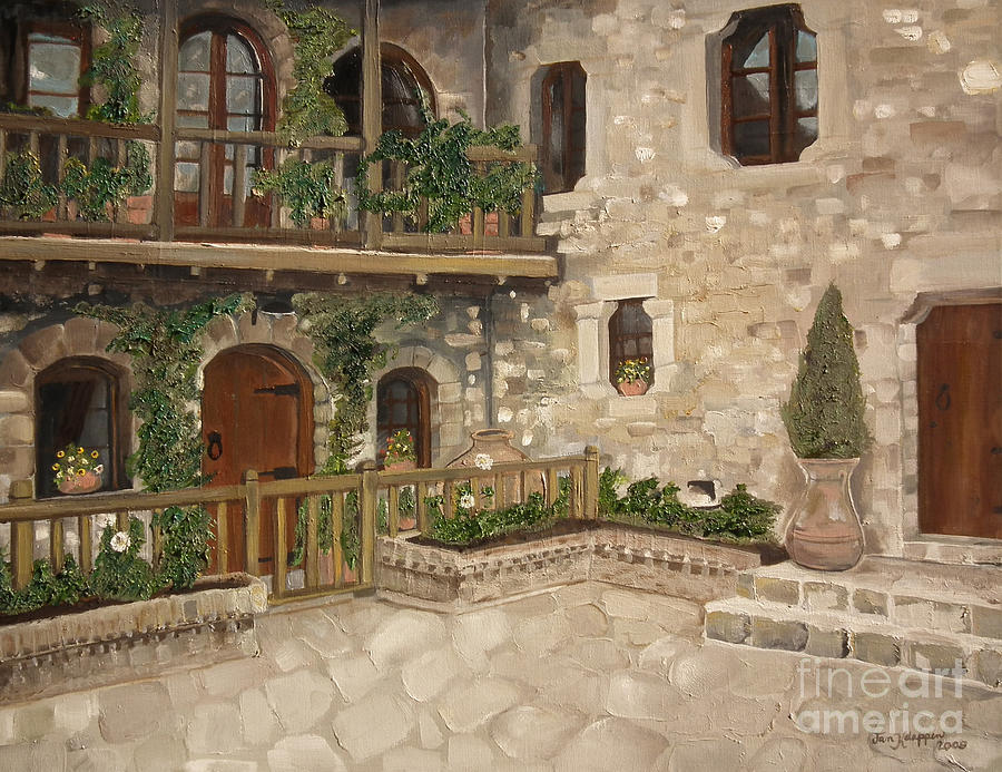 Greek Courtyard - Agiou Stefanou Monastery -Balcony Painting by Jan Dappen