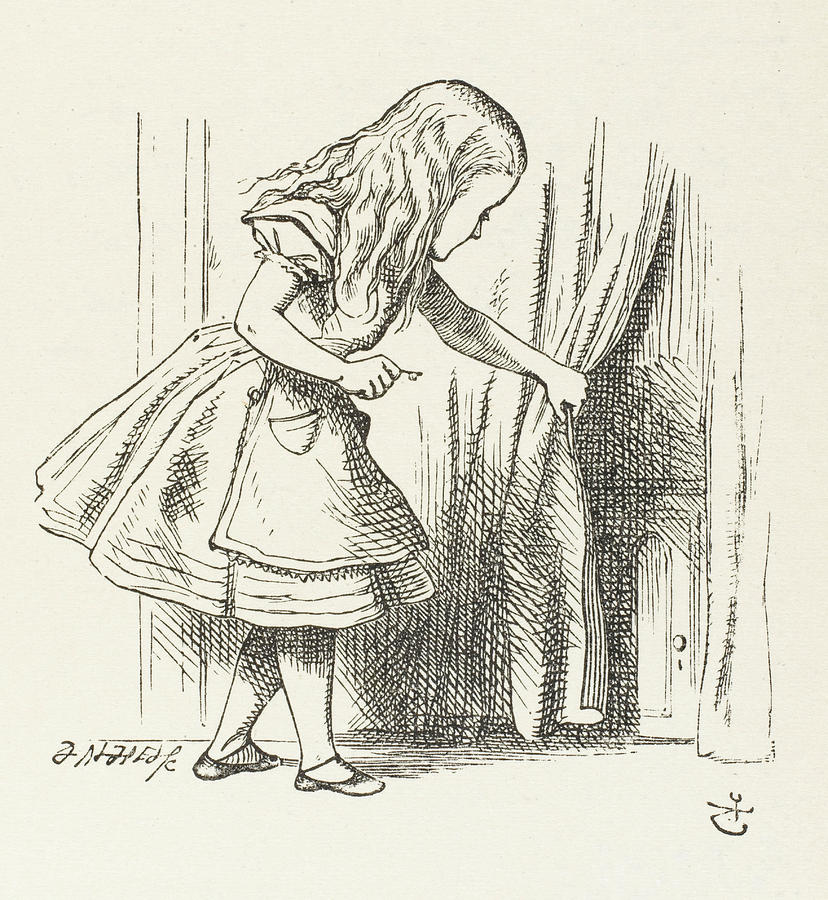 Book Drawing -  Alice  Alice Draws Back The Curtain by Mary Evans Picture Library