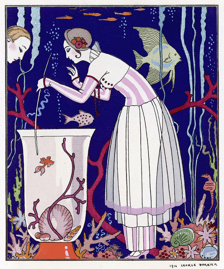 Fish Drawing -   An Elegant Woman And Her Aquarium by Mary Evans Picture Library