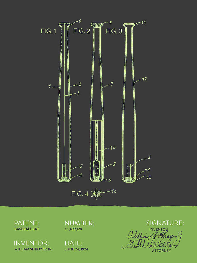 Baseball Digital Art - Baseball Bat Patent from 1924 - Gray Green by Aged Pixel Baseball Digital Art - Baseball Bat Patent from 1924 - Gray Green by Aged Pixel
