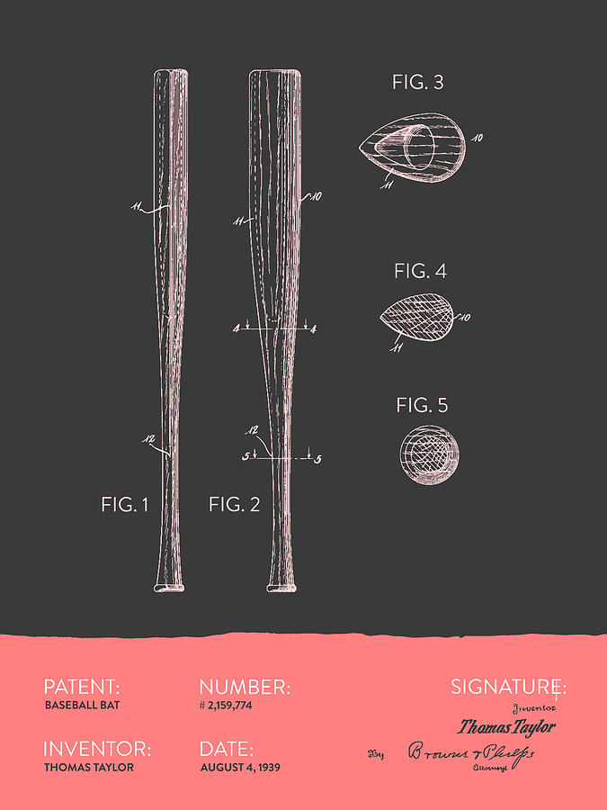 Baseball Bat Patent From 1939 - Gray Salmon Digital Art