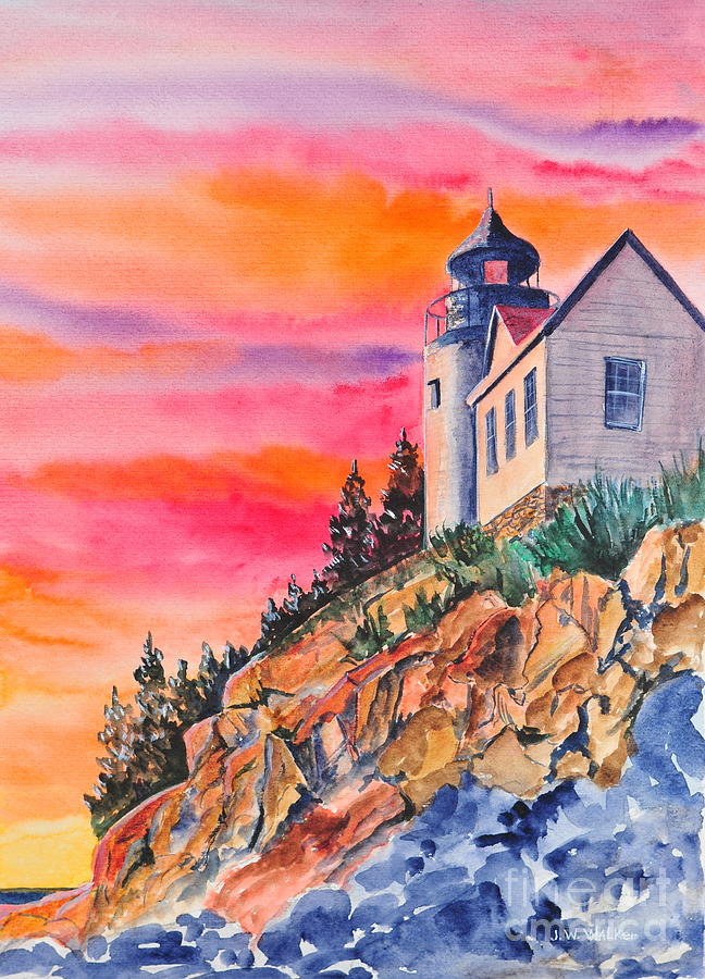  Bass Harbor Light Sunset Painting by John W Walker