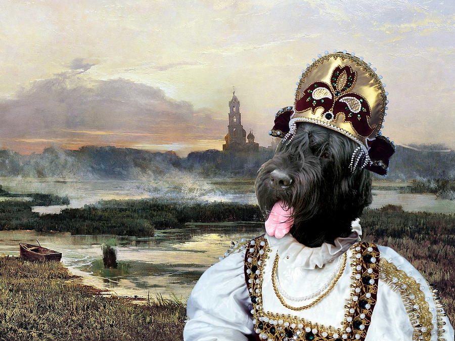 Dog Painting -  Black Russian Terrier Art Canvas Print - Russian girl and landscape with church  by Sandra Sij