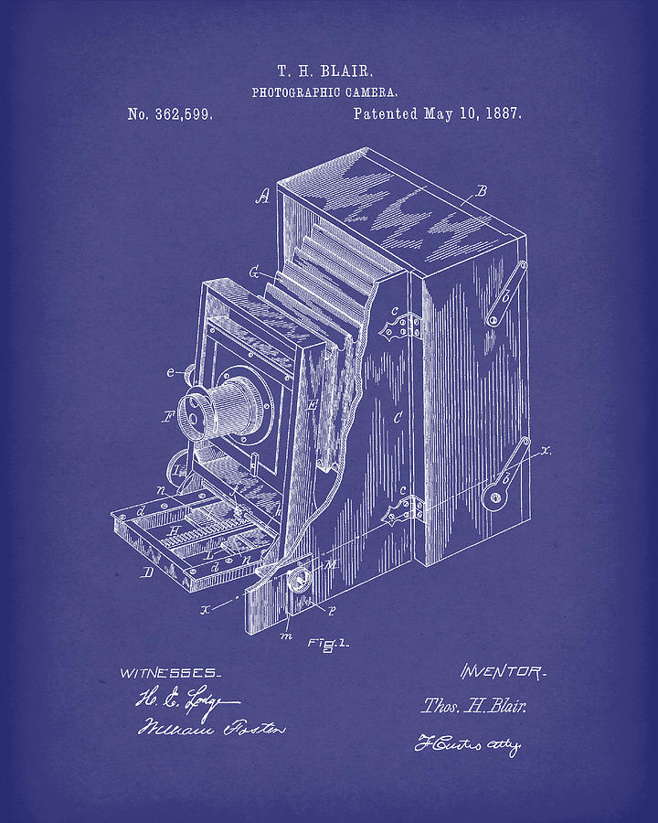 Camera Drawing -  Blair Photographic Camera 1887 Patent Art Blue by Prior Art Design