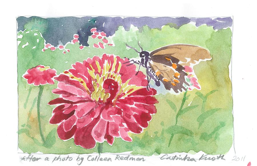  Butterfly Sips Nectar Zinnia Garden Painting by Catinka Knoth