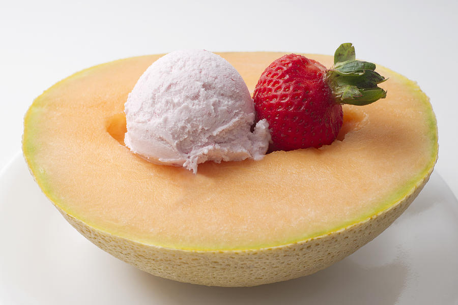 Ice Cream Photograph -  Cantaloupe with Ice Cream and Strawberry by Donald  Erickson