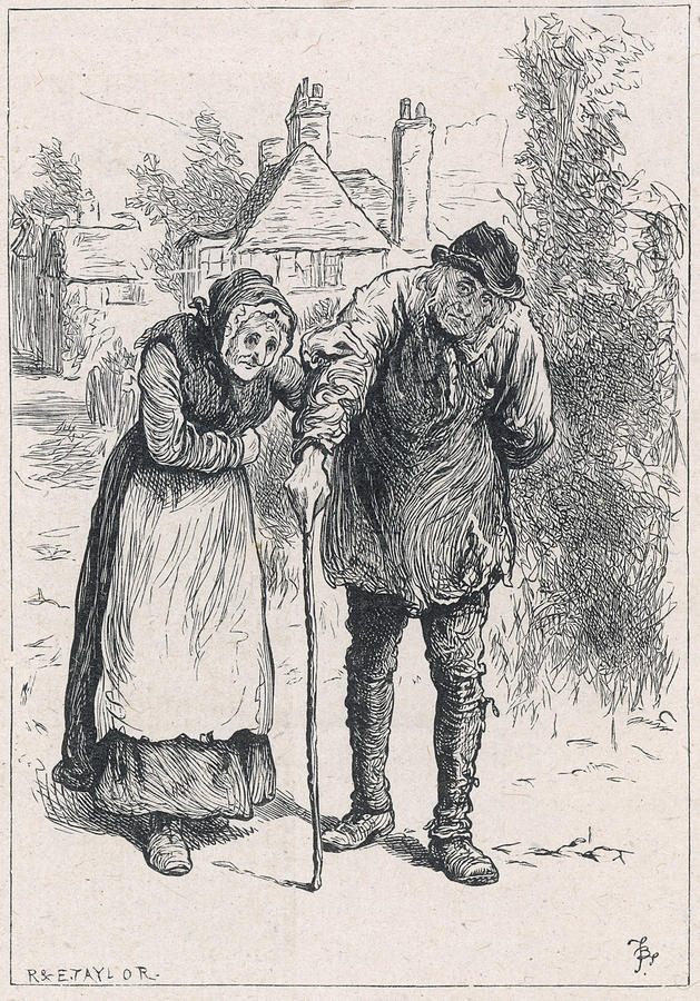 Elderly Drawing -  Couple Walking With Stick by Mary Evans Picture Library