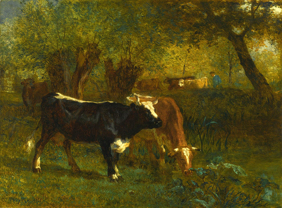  Cows at a Fountain Painting by Constant Troyon