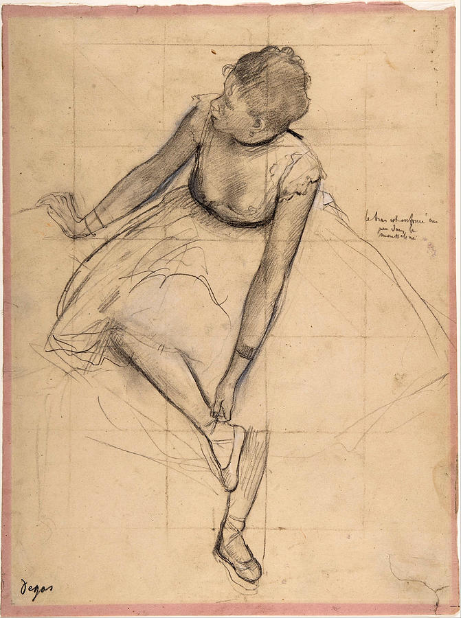 Edgar Degas Drawing -  	Dancer Adjusting Her Slipper #2 by Edgar Degas