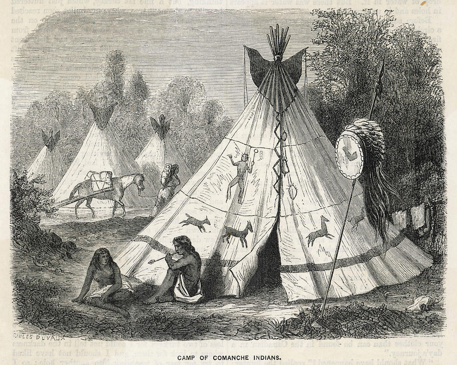 Comanche Drawing -  Decorated Tepees In  A Comanche by Mary Evans Picture Library