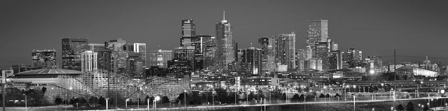  Denver Skyline at Dusk Black and White BW Evening Extra Wide Panorama Broncos  Photograph by Jon Holiday