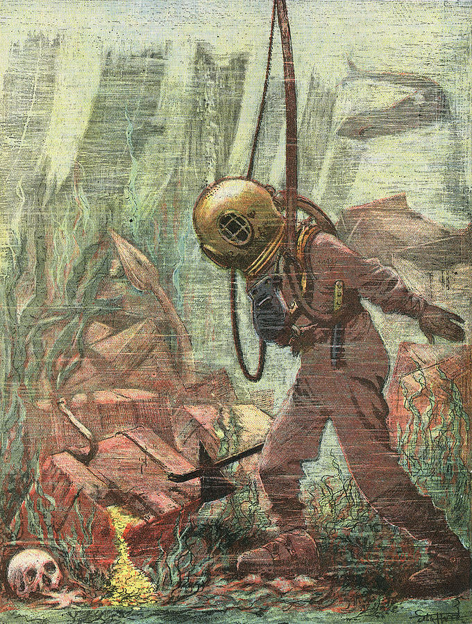 Diver Inspecting A Wreck Date Drawing by Mary Evans Picture Library ...