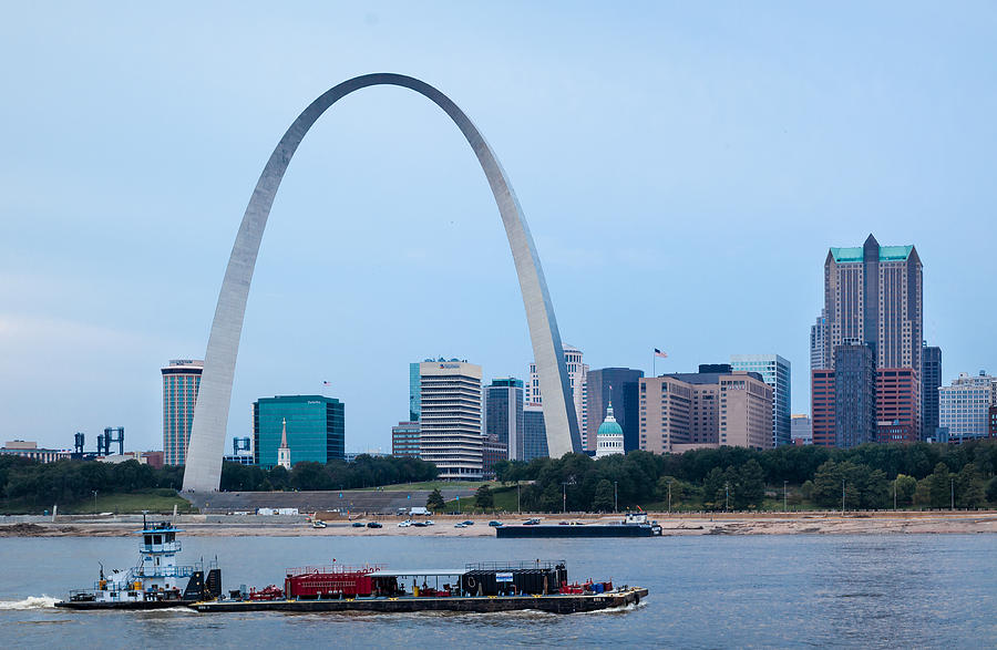  Downtown St Louis with barge Photograph by David Coblitz