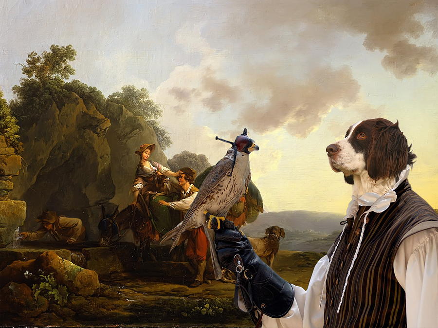  Drentse Patrijshond Art Canvas Print - Travelers with hounds and heavily laden mules at a well Painting by Sandra Sij