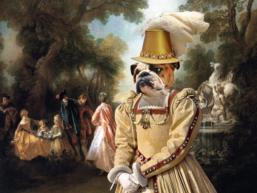  English Bulldog Art Canvas Print - The noble party in Palace park Painting by Sandra Sij