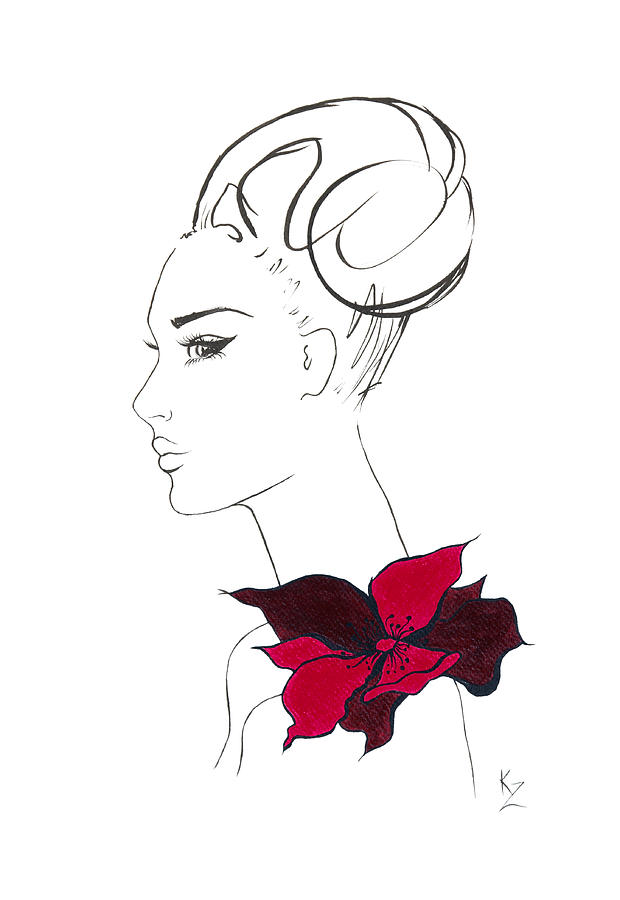  Fashion illustration - black and cream print of woman face with red floral corsage.   Painting by Kate Zucconi