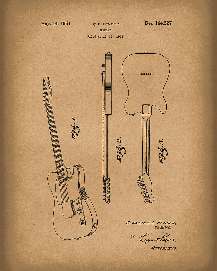  Fender Guitar 1951 Patent Art Brown Drawing by Prior Art Design