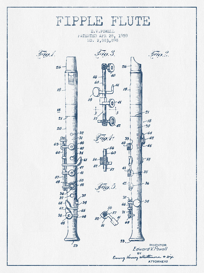 Fipple Flute Patent Drawing From 1959 - Blue Ink Digital Art
