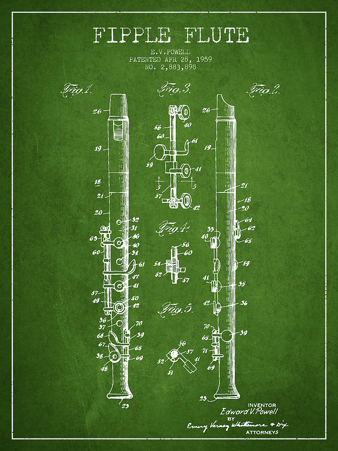 Fipple Flute Patent Drawing From 1959 - Green Digital Art