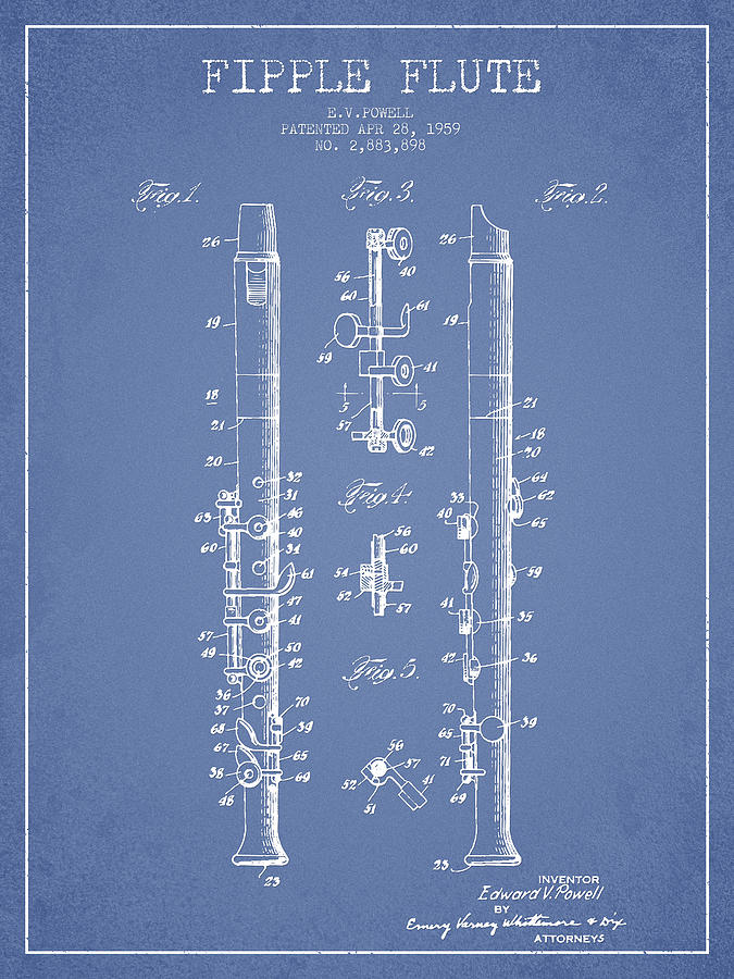 Fipple Flute Patent Drawing From 1959 - Light Blue Digital Art