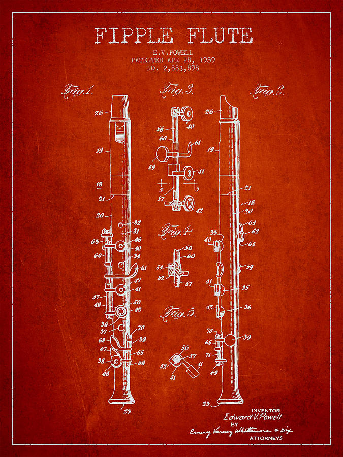 Fipple Flute Patent Drawing From 1959 - Red Digital Art