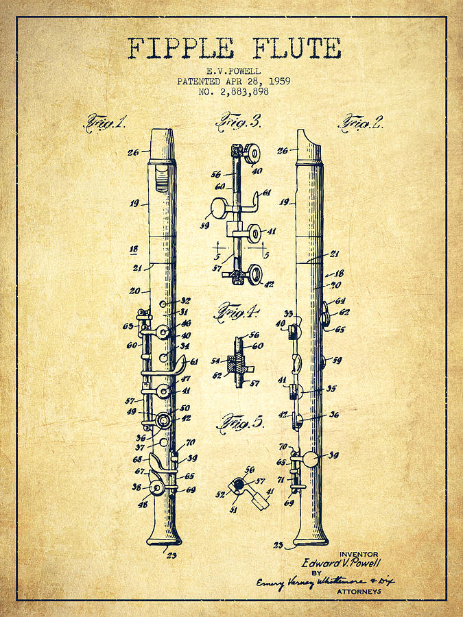 Fipple Flute Patent Drawing From 1959 - Vintage Digital Art