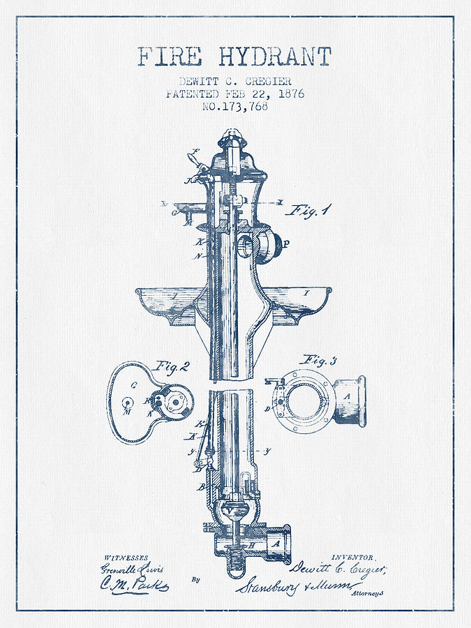 Vintage Digital Art -  Fire Hydrant Patent from 1876- Blue Ink by Aged Pixel