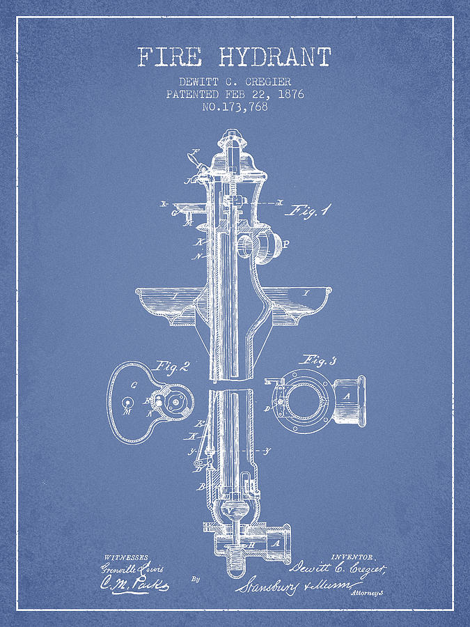 Vintage Digital Art -  Fire Hydrant Patent from 1876 - Light Blue by Aged Pixel