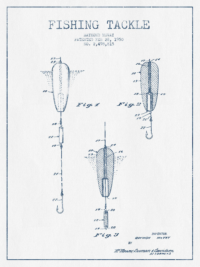 Fishing Tackle Patent Drawing from 1950 - Blue Ink Digital Art by Aged