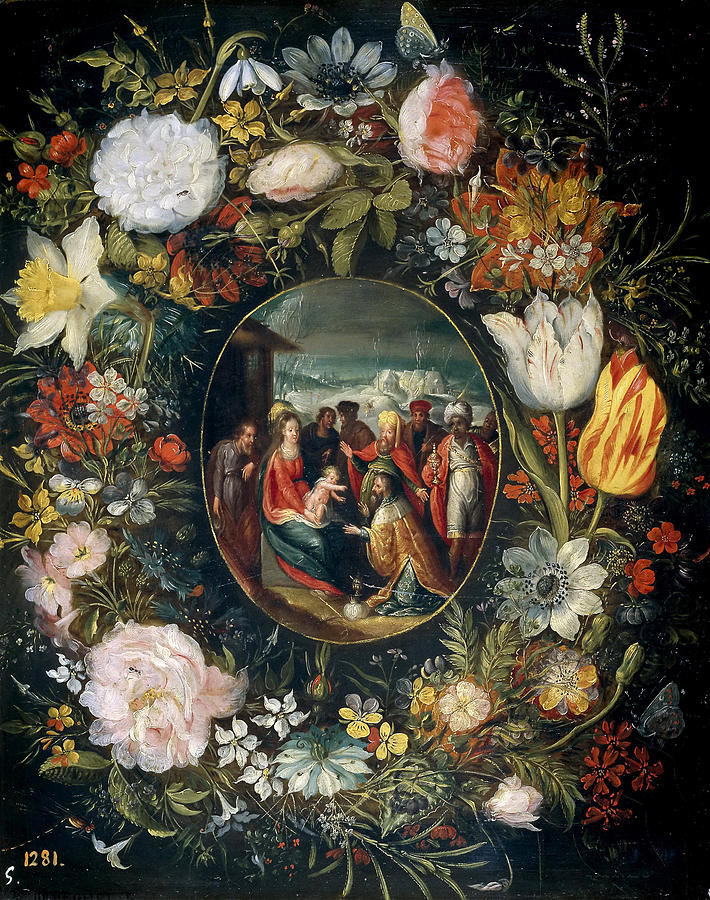 Flower garland with Adoration of the Magi Painting by Pieter Brueghel the Younger