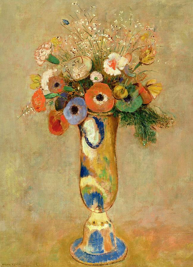 Still Life Painting -  Flowers in a Painted Vase by Odilon Redon