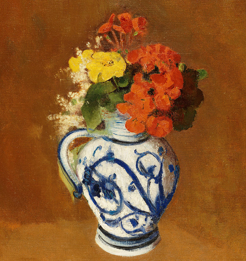 Still Life Painting -  Geraniums and other Flowers in a Stoneware Vase by Odilon Redon