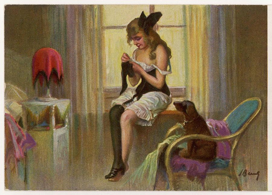 Dog Drawing -  Her Dog Watches Patiently  While by Mary Evans Picture Library