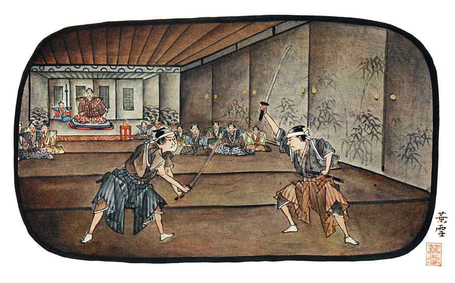 Sports Drawing -  Japanese Warriors Fencing by Mary Evans Picture Library