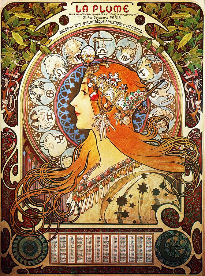La Plume Zodiac Art Nouveau Vintage Painting
