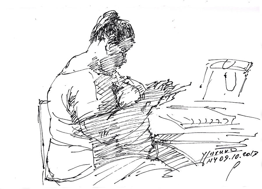 Sketch Drawing -  Lady On Smartphone  by Ylli Haruni
