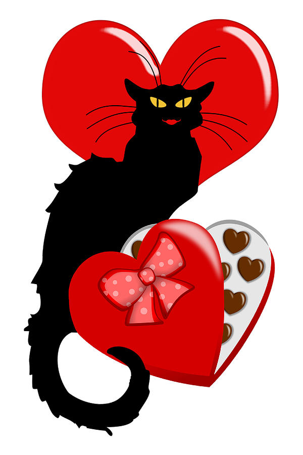 Valentines Day Digital Art -  Le Chat Noir with Chocolate Candy Gift  by Gravityx9   Designs