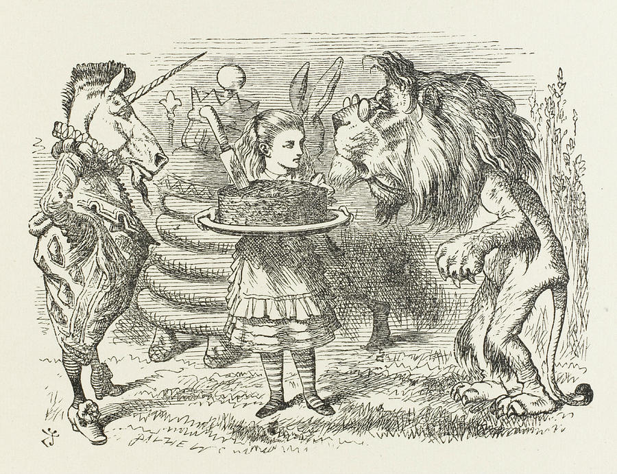 Lion And Unicorn Alice With The Lion Drawing by Mary Evans Picture ...