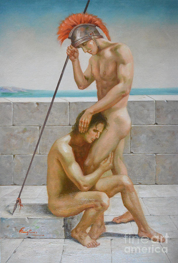 Men Painting - ORIGINAL man body oil painting gay art -two male nude by t.....