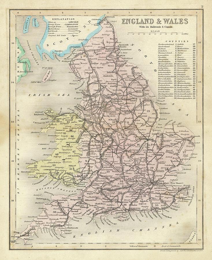 Map Of England And Wales Showing Drawing by Mary Evans Picture Library ...