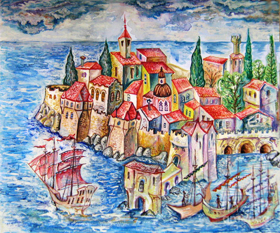 Boat Painting -  Mediterranean port by Milen Litchkov