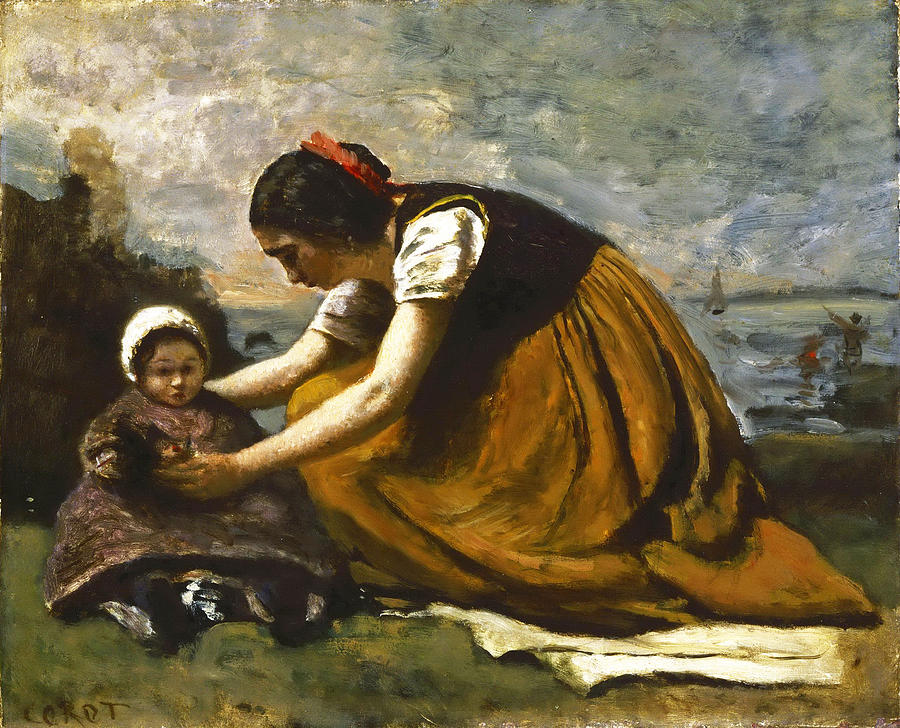 Mother and Child on a Beach Painting by Jean-Baptiste-Camille Corot