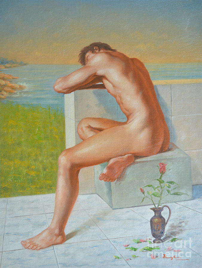  Original Classic Oil Painting Man Body Art  Male Nude And Vase #16-2-4-09 Painting by Hongtao Huang