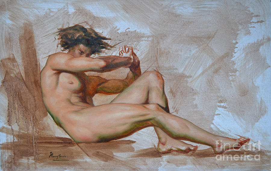 Original Oil Painting Gay Man Art-male Nude -015 Painting by Hongtao Huang