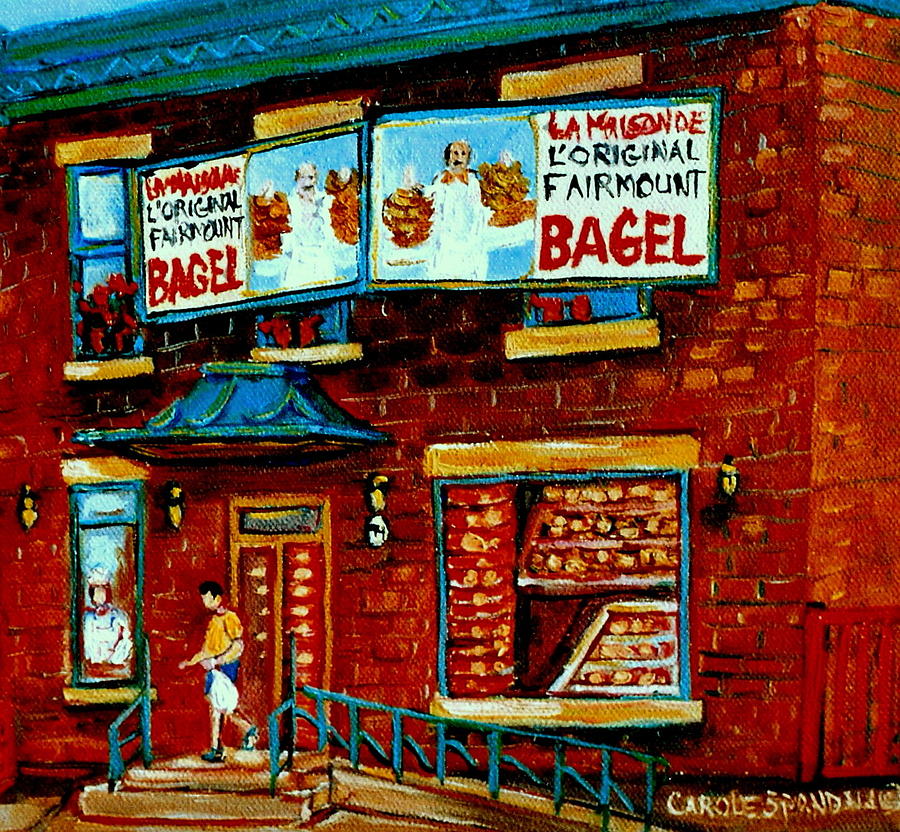   Paintings Of Montreal Memories The Original Fairmount Bagel Shop With Vintage Baker Marquee Painting by Carole Spandau