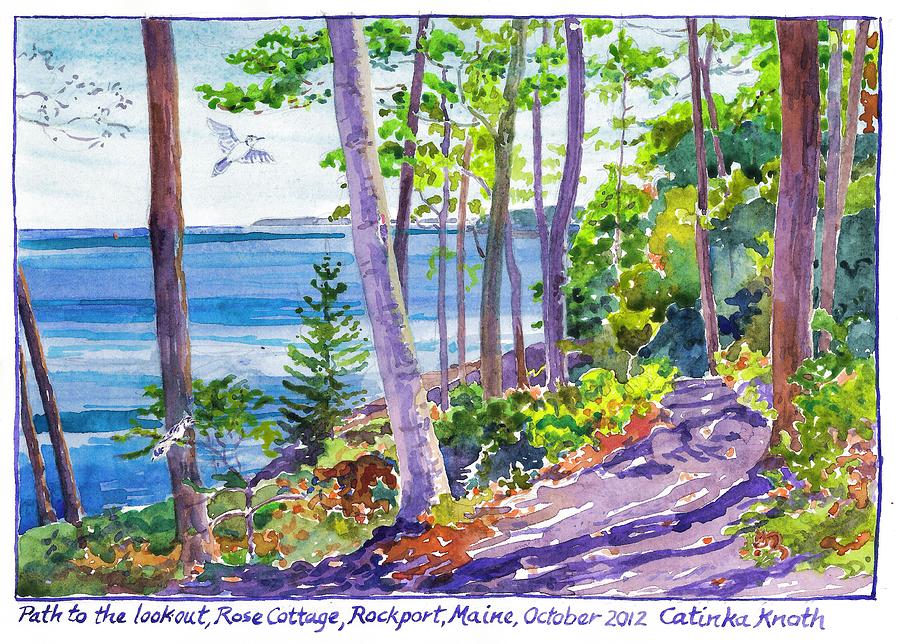  Path through fall woods to lookout above rocky coast of Rockport Maine Painting by Catinka Knoth