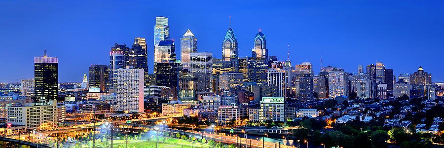 Philadelphia Skyline Photograph -  Philadelphia Skyline at Night Evening Panorama by Jon Holiday