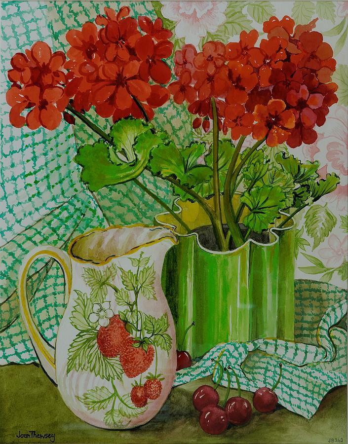 Still Life Painting -  Red geranium with the strawberry jug and cherries by Joan Thewsey
