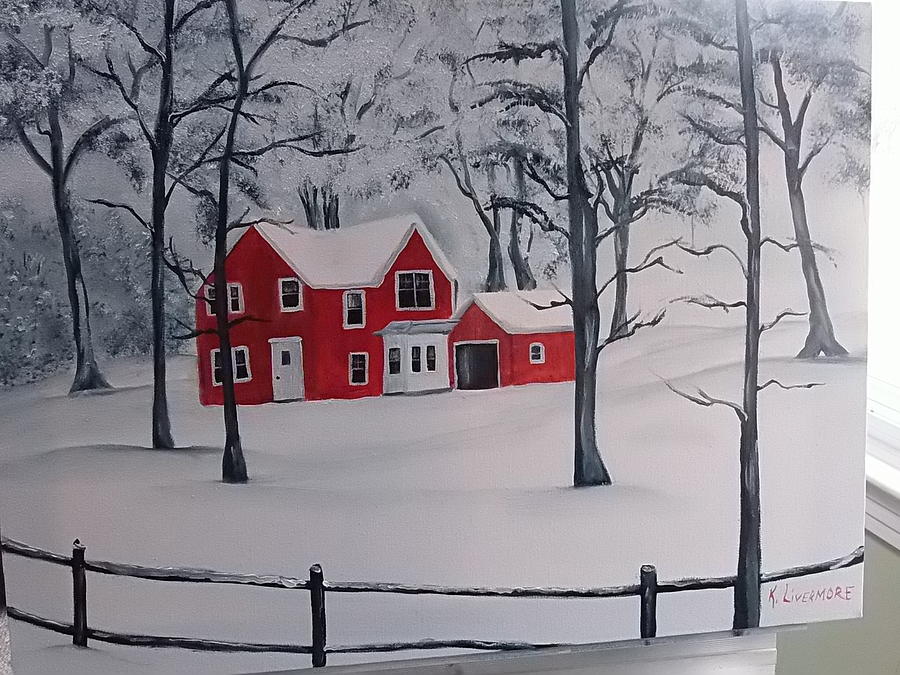 Tree Painting -  Red house in the snow by Kathy Livermore